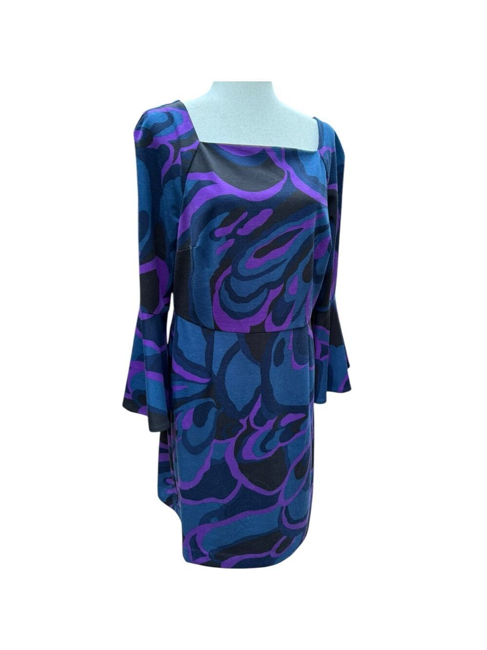 Trina Turk Size 14 Bell Sleeve Dress | Purple & Blue Swirl Geometric Mod Print